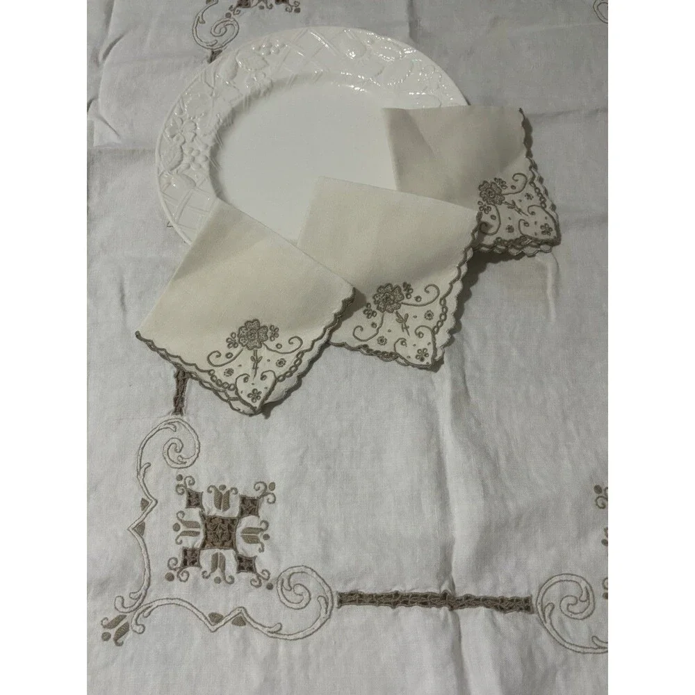 Vintage Linen Tablecloth 64x52 + 3 Embroidered Napkins Scrollwork Cottagecore
